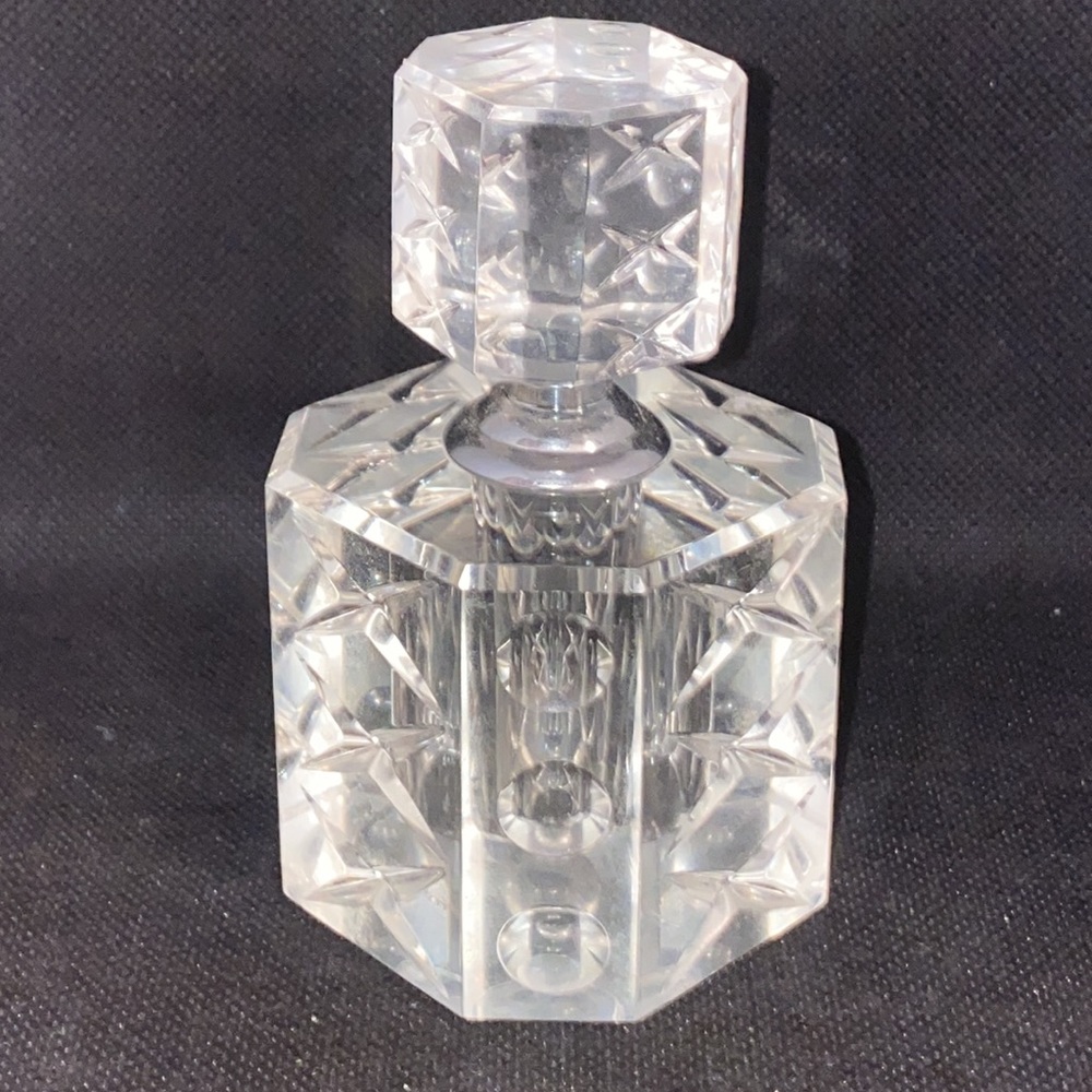 Oleg Cassini Signed Leaded Crystal Cut Glass Carved Bottle 4" Empty.